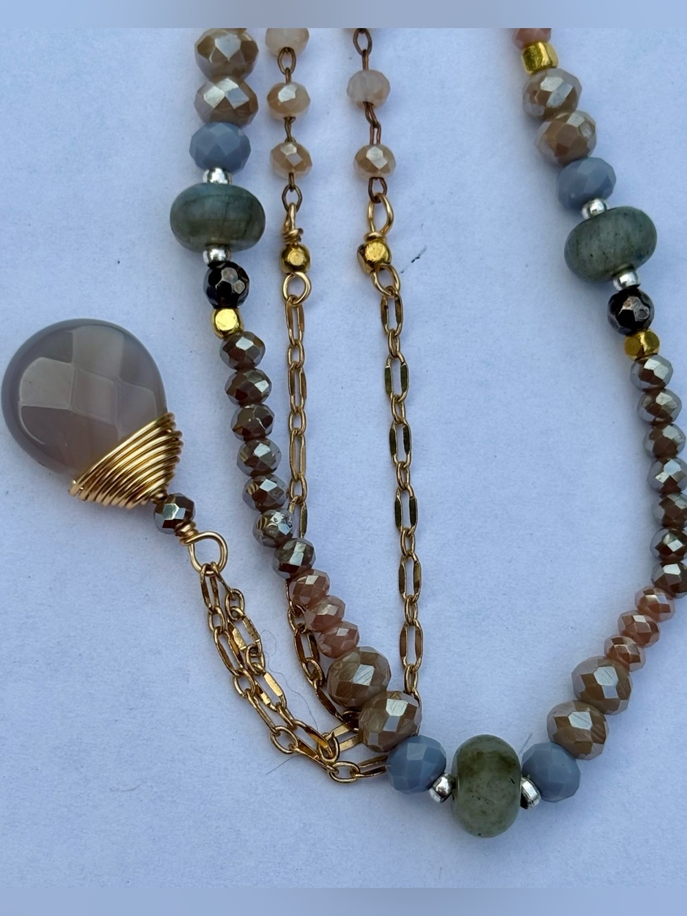 Nakamol Multi-Strand Grey Quartz Teardrop Pendant Beaded Layered Necklace